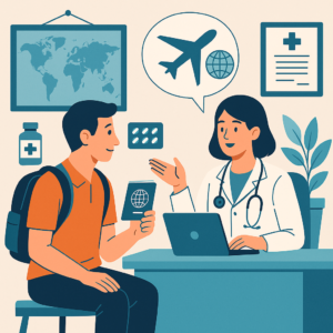 Viaggiatore con passaporto durante una consulenza medica per vaccinazioni e prevenzione sanitaria prima di partire