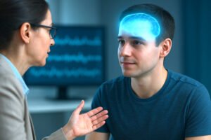 Persona che ascolta con un segnale luminoso blu sul capo, simbolo dell’attività cerebrale legata alla comprensione linguistica e al legame tra comunicazione e attenzione.