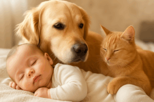 Neonato che dorme accanto a un cane e un gatto in un ambiente sereno, simbolo della protezione naturale degli animali contro allergie e obesità.