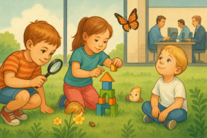 Bambini che esplorano e imparano in libertà mentre adulti lavorano sullo sfondo, a simboleggiare la metamorfosi tra curiosità infantile e vita adulta produttiva.