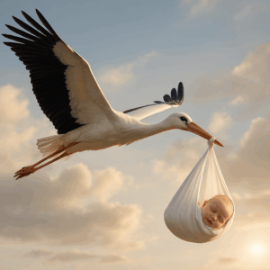 Cicogna in volo tra nuvole chiare che trasporta un fagotto luminoso, simbolo del viaggio del bambino e dell’apprendimento prima della nascita.