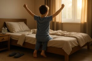 Bambino che si alza dal letto al mattino con luce dell’alba che entra dalla finestra, simbolo del gesto di “alzarsi presto”.