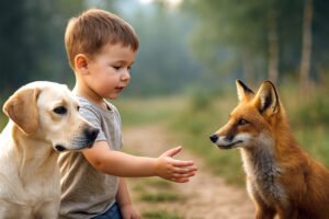 Bambino che tende la mano a un cane e a una volpe in un paesaggio naturale, simbolo dell’evoluzione della tolleranza e della cooperazione tra specie.