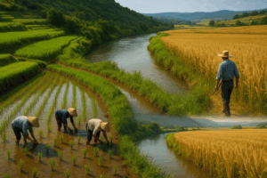 Paesaggio agricolo diviso tra risaie cooperative e campi di grano individuali, simbolo dell’influenza della geografia sui comportamenti altruistici e egoistici.