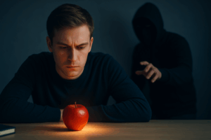 Persona concentrata su un oggetto illuminato in mezzo al buio, simbolo dell’attenzione che genera desiderio e del “furto” della mente da parte di ciò che cattura lo sguardo.