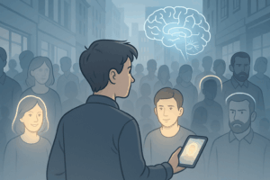 Persona che cammina tra la folla con alcune facce illuminate e altre sfocate, simbolo della selezione inconscia del cervello tra amico e nemico.