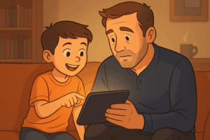 Bambino che insegna a un genitore come usare un tablet, simbolo dell’inversione dei ruoli educativi e della cultura digitale contemporanea.