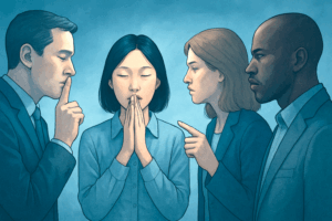 Illustrazione in toni freddi di quattro persone in silenzio, che rappresentano le diverse percezioni culturali del silenzio nella comunicazione